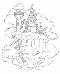 Coloring page for kids - A floating castle nestled among the clouds