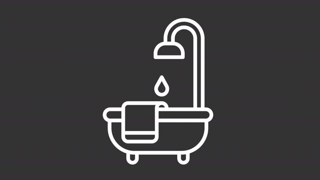 Animated shower white line icon. Dripping showerhead. Personal hygiene. Seamless loop HD video with alpha channel on transparent background. Outline motion graphic animation for night mode