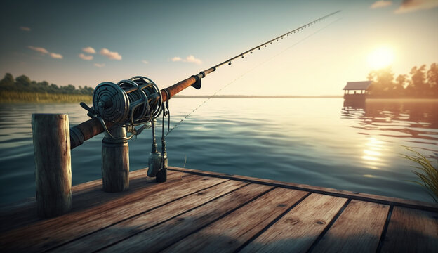 fishing rod on the background of the lake. Generative AI