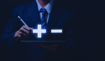 plus and minus sign Concept of resistance. Decision. Positive or negative business choice....