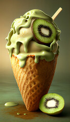Illustration of kiwi ice cream with kiwi slices in a waffle cone. A popular summer cold treat. Generated by artificial intelligence