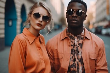 Fashionable couple of beautiful man and woman posing together in matching outfits. Generative Ai.