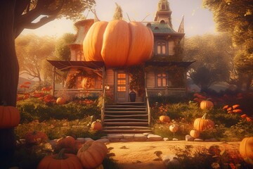 Naklejka na ściany i meble Illustration of pumpkin house in fall garden with fairy tale vibe. Generative AI