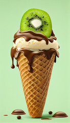Illustration of kiwi ice cream with kiwi slices in a waffle cone. A popular summer cold treat. Generated by artificial intelligence