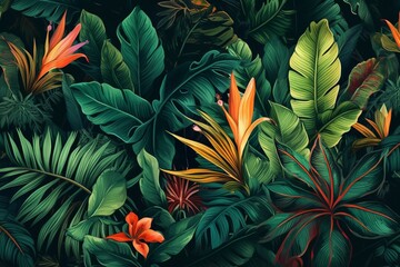 Tropical foliage pattern in gouache paint. Generative AI