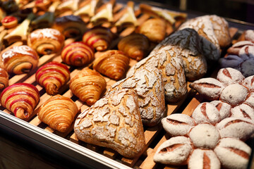 sweet pastries on the shelf in a supermarket