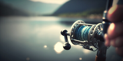 fishing rod on the background of the lake. Generative AI - obrazy, fototapety, plakaty