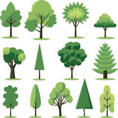 Cartoon trees set isolated on a white background. Simple modern style. Cute green plants, forest, vector flat