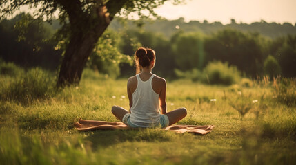 Woman meditating outside in nature.