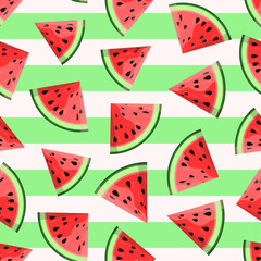 Watermelon vector seamless pattern. Cut slices on white and green striped background. Best for textile, wallpapers, home decoration, wrapping paper, package and web design.