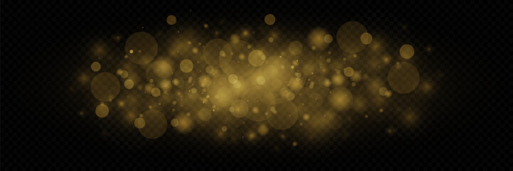 Dust gold. Golden sparks and golden stars shine with a special light. Christmas light effect. Shiny magical dust particles. On a transparent background.