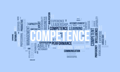 Word cloud background concept for Competence. Leadership performance ability accomplishment attitude for knowledge expertise. vector illustration.