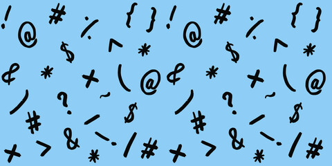 pattern with the image of keyboard symbols. Punctuation marks. Template for applying to the surface. pastel blue background. Banner for insertion into site. Horizontal image
