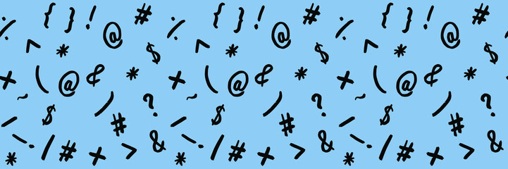 pattern with the image of keyboard symbols. Punctuation marks. Template for applying to the surface. pastel blue background. Banner for insertion into site. Horizontal image