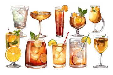 drinks and cocktails collection on white background, generative AI