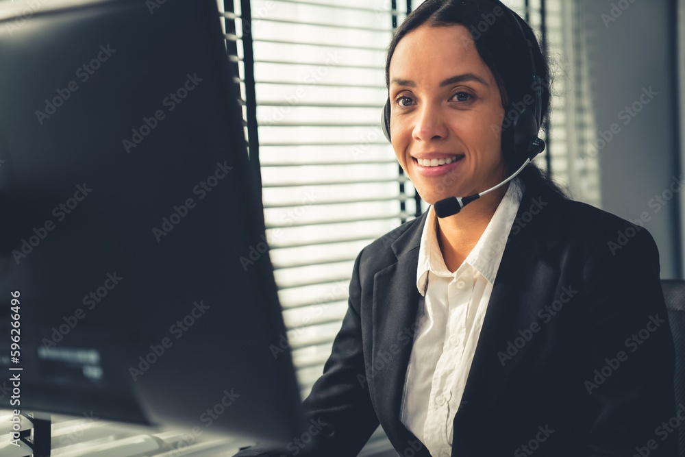 Aufkleber competent female operator working on computer and talking with clients. concept relevant to both cal