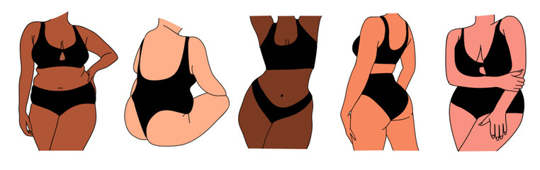 Set of curvy woman bodies different skin color vector colored line art drawing. Plus size beautiful girls in bikini, underwear. Body positive abstract minimalist illustration on transparent background - obrazy, fototapety, plakaty