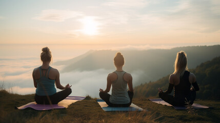 Fototapeta na wymiar 3 women meditating at the top of a mountain at sunrise.