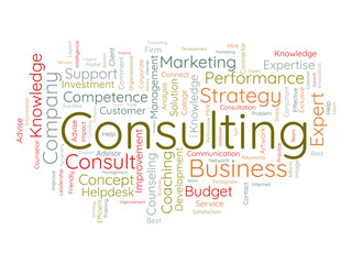 Word cloud background concept for Consulting. Business service solution advice with expert counseling. vector illustration.