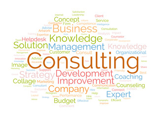 Fototapeta premium Word cloud background concept for Consulting. Business service solution advice with expert counseling. vector illustration.