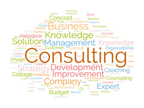 Word cloud background concept for Consulting. Business service solution advice with expert counseling. vector illustration.