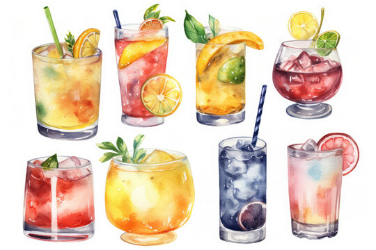 drinks and cocktails collection on white background, generative AI