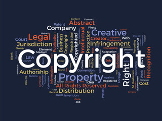 Word cloud background concept for Copyright. Intellectual property, legal trademark owner of business right. vector illustration.