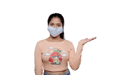 PNG of A girl with Copy space empty left hand raised for Product. An Asian woman in face mask introduce new company product or banner, pointing, copy space isolated on a PNG background