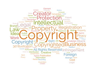 Word cloud background concept for Copyright. Intellectual property, legal trademark owner of business right. vector illustration.