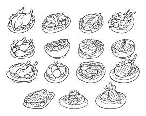 Set of meat dishes hand drawn outline sketch illustration