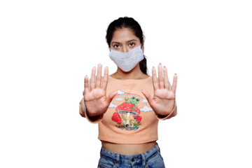 PNG of A girl with a Stop Gesture. female with a stop gesture with hands in medical mask in a isolated transparent background with copy space