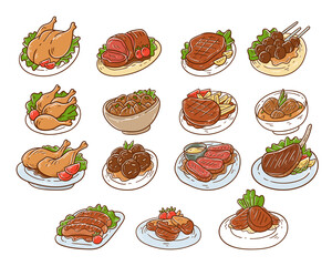 Set of meat dishes hand drawn illustration
