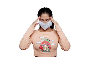 nausea headache after opration or treatment women with migraine or headache wear masks to protect disease and the unbearable headache from a virus need a pain killer isolated on a transparent PNG