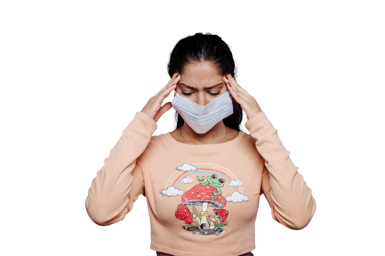 nausea headache after opration or treatment women with migraine or headache wear masks to protect disease and the unbearable headache from a virus need a pain killer isolated on a transparent PNG