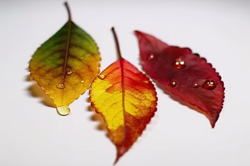 Obraz premium three dewy leaves in close-up. Generative AI