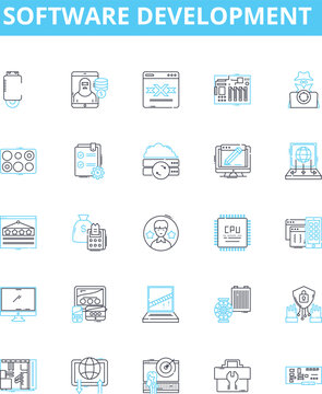 Software development vector line icons set. Software, Development, Programming, Coding, Algorithm, Architecture, Debugging illustration outline concept symbols and signs
