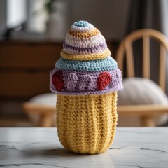 Handmade knitted ice cream with colored yarn.  Knitted food and crochet concept, Generative AI