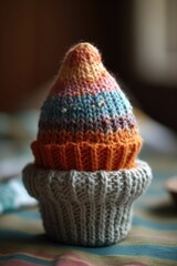 Handmade knitted ice cream with colored yarn.  Knitted food and crochet concept, Generative AI