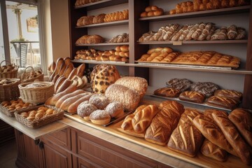 artisan bread bakery, with rows of freshly baked breads and pastries, created with generative ai