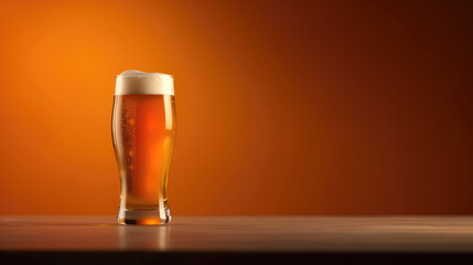 Glass of cold beer on orange background. Generative AI