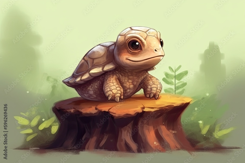 Poster turtle perched on a tree stump. generative ai