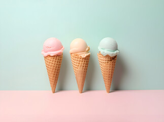 Set of three different ice cream cones in waffle cones on a green background. Generative AI