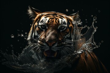 Butterfly joins tiger in splashing water. Generative AI