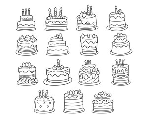 Set of birthday cake hand drawn outline sketch illustration