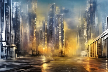street in the city. city streets. cityscape. cityscape painting. dark cityscape. dark urbanscape. 