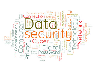 Word cloud background concept for Data security. Network technology safety access for web privacy protection. Vector illustration.