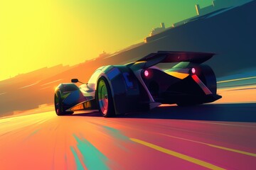Colorful Illustrations of a Race Car Speeding During a Racing Competition - obrazy, fototapety, plakaty