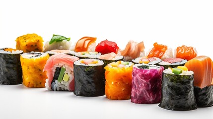 Sushis, Maki, Nigiri, California rolls, plateau en assortiment, illustration culinaire ia générative