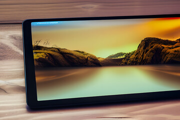 digital tablet on wood table. tablet pc on the table. tablet on a desk. tablet. tablet concept. tablet on desk.