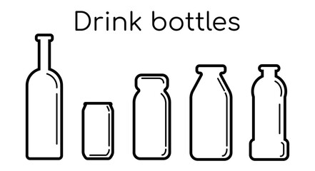 Line icons of bottles for drinks. Bottles for water, alcohol, milk, juice. Set of vector bottle icons.